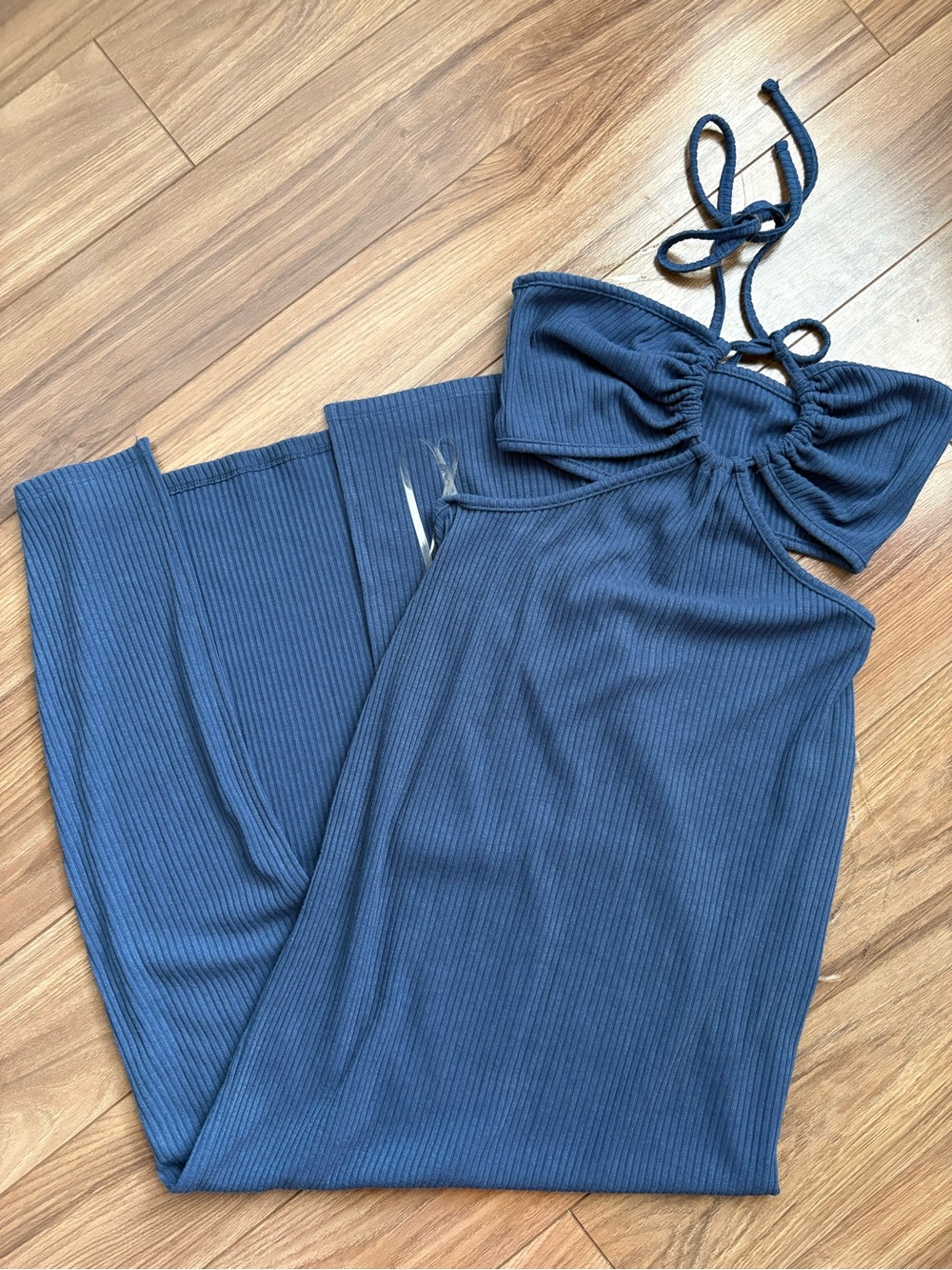 Ribbed Navy Blue Halter Cutout Maxi Dress